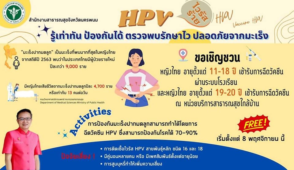 ขอเชิญชวนหญิงไทยชาวนครพนม  ตั้งแต่อายุ 11 - 20 ปี เข้ารับบริการฉีดวัคซีนป้องกันมะเร็งปากมดลูก เริ่มพร้อมกันตั้งแต่ วันที่ 8 พฤศจิกายน 2566