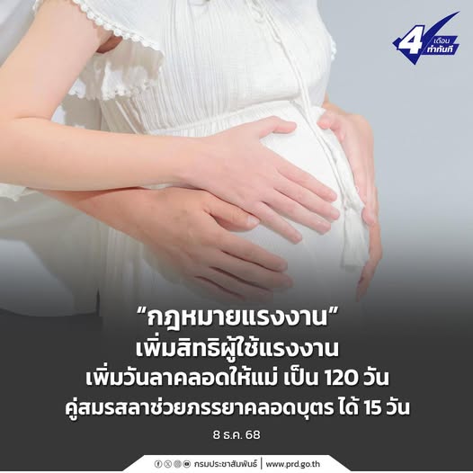 &ldquo;กฎหมายแรงงาน&rdquo; เพิ่มสิทธิผู้ใช้แรงงาน เพิ่มวันลาคลอดให้แม่ เป็น 120 วัน คู่สมรส  ลาช่วยภรรยาคลอดบุตร ได้ 15 วัน