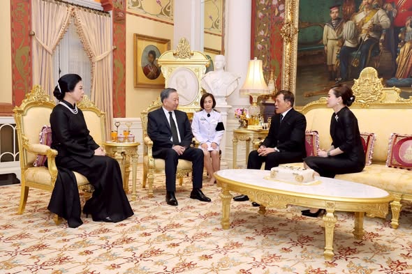 พระบาทสมเด็จพระเจ้าอยู่หัว และสมเด็จพระนางเจ้า ฯ พระบรมราชินี เสด็จออก ณ พระที่นั่งอัมพรสถาน พระราชวังดุสิต ทรงรับ นายโต เลิม (Mr. To Lam) เลขาธิการใหญ่พรรคคอมมิวนิสต์และประธานาธิบดีแห่งสาธารณรัฐสังคมนิยมเวียดนาม และนางโง เฟือง ลี (Mrs. Ngo Phuong Ly) ภริยา ในโอกาสเดินทางเยือนประเทศไทยอย่างเป็นทางการในฐานะแขกของรัฐบาล