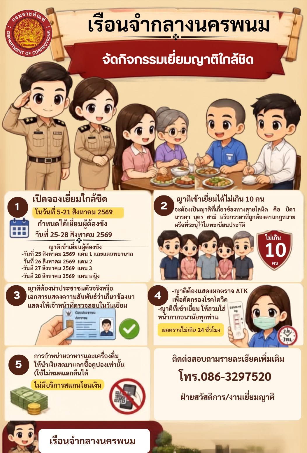 เรือนจำกลางนครพนม เปิดให้จองคิว "เยี่ยมญาติแบบใกล้ชิด" เนื่องในวันแม่แห่งชาติ ๑๒ สิงหาคม พ.ศ. ๒๕๖๙" 