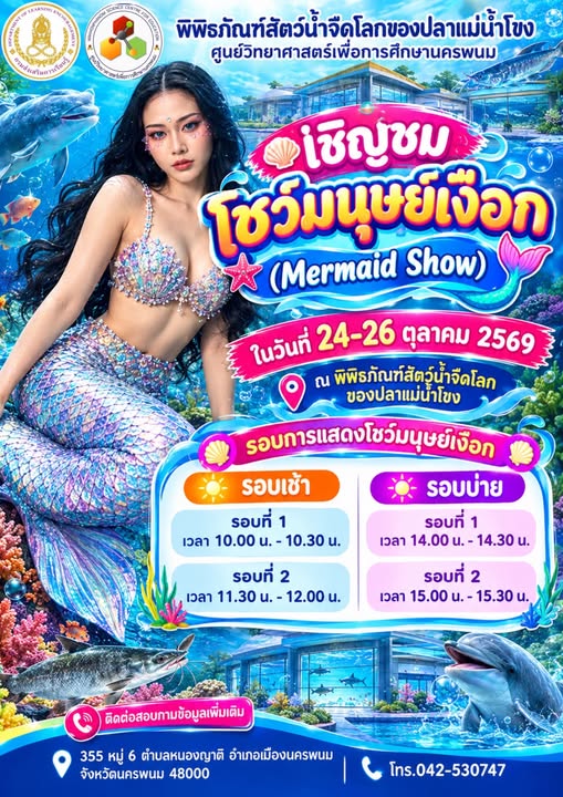 ศูนย์วิทยาศาสตร์เพื่อการศึกษานครพนม เชิญชวนตื่นตาตื่นใจกับ "โชว์มนุษย์เงือก" สุดตระการตา 24-26 ตุลาคมนี้ 2569 ณ พิพิธภัณฑ์สัตว์น้ำจืดโลกของปลาแม่น้ำโขง